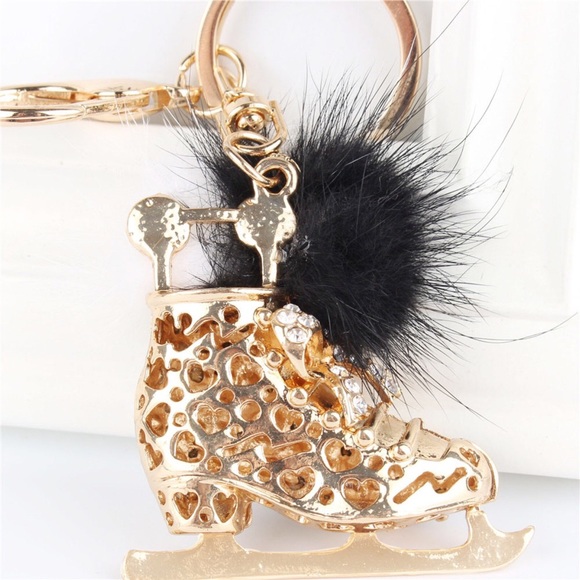 Black & Gold Crystal Ice Skate with Pom Pom Keychain Charm - Picture 4 of 8